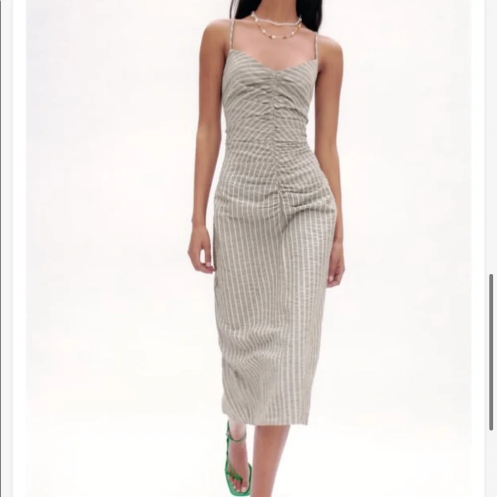 Zara striped tan and white cotton midi dress NWT - Picture 2 of 10